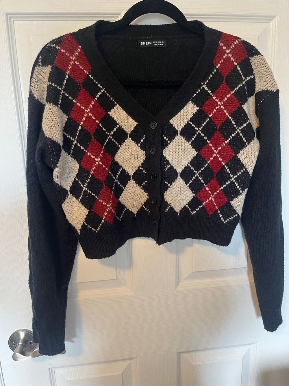 SHEIN Black Red Cream Argyle V-Neck Button Cardigan